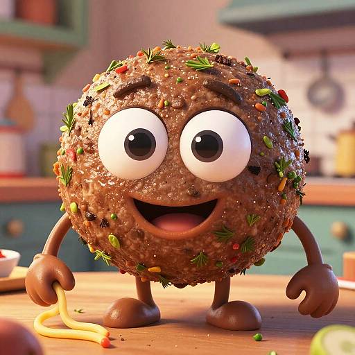 CGI cartoon of a cheerful, anthropomorphic meatball with large eyes, brown arms, and legs, covered in spices, on a kitchen counter.