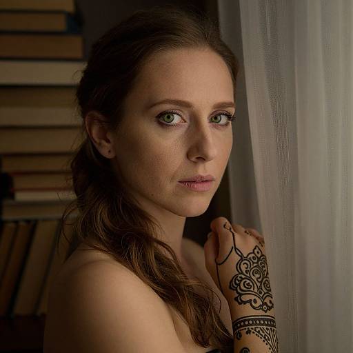 Photograph of a fair-skinned woman with green eyes, brown hair, and intricate black henna on her hand, standing by a window with sheer