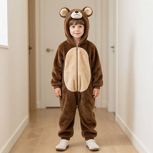 Photograph of a young boy in a brown bear costume with a beige belly, wearing white shoes, standing in a white-walled hallway.