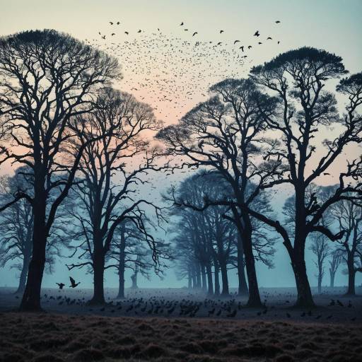 Murmuration of starlings over misty oak trees at dawn