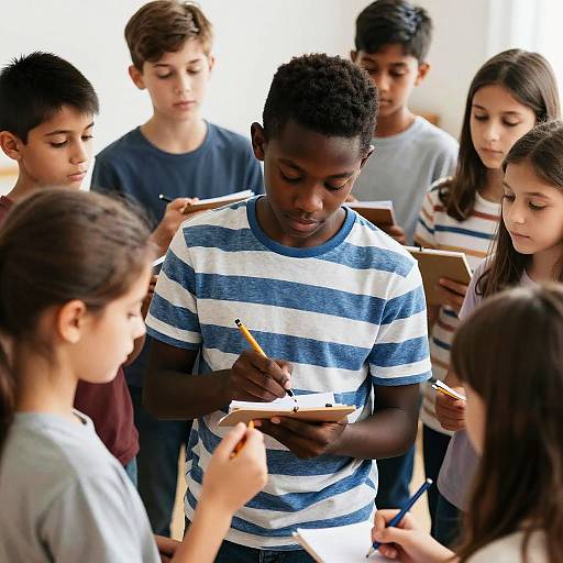 Realistic Classroom Scene: Striped Shirts Writing