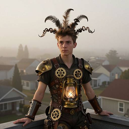 Photograph of a young man with a steampunk outfit, black feathered headpiece, gold gears, and lantern, on a misty rooftop