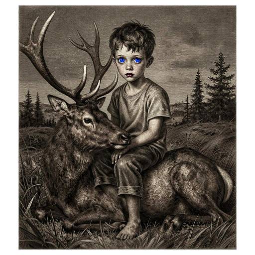 Digital illustration of a child with glowing blue eyes, sitting on a deer with large antlers in a grayscale forest. Child wears a simple shirt and pants