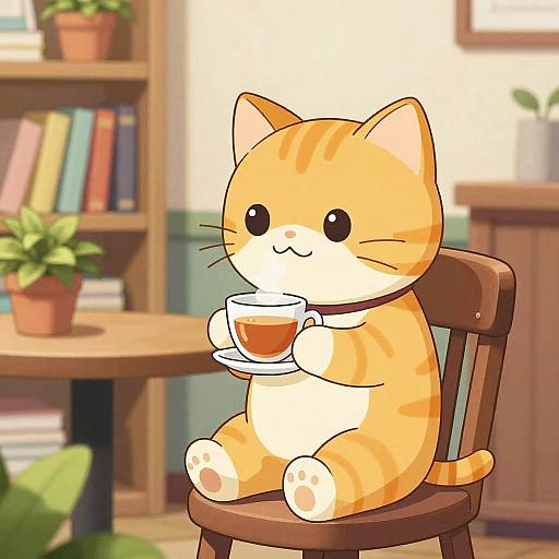 Cute cartoon orange and white kitten, sitting on a wooden chair, holding a teacup and saucer, in a cozy, sunlit room