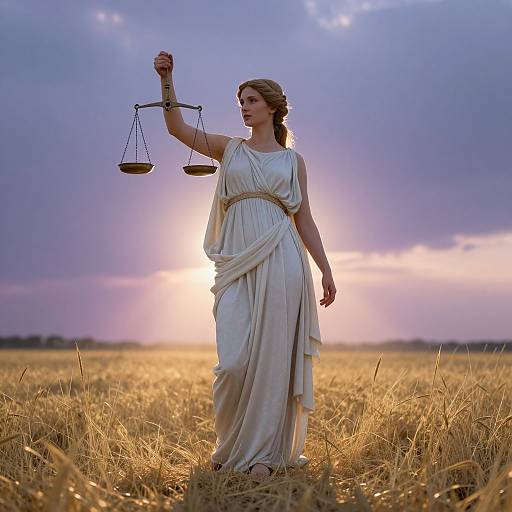 Photograph of a fair-skinned woman in a white ancient Greek-style dress holding a balance scale, standing in a golden wheat field during a sunset with