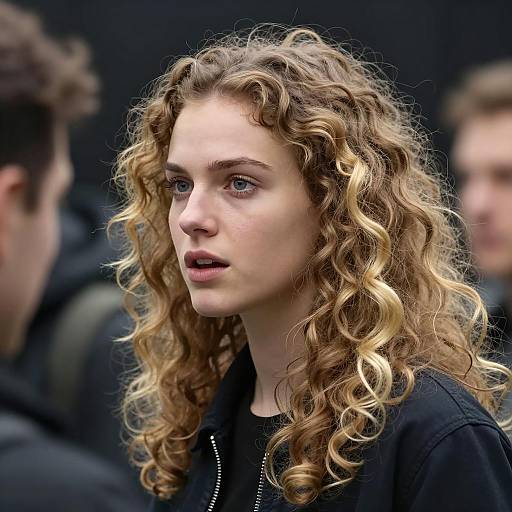 Young woman with curly blonde hair and intense expression