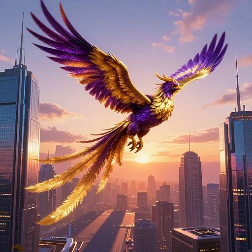 Digital artwork of a vibrant, purple and gold phoenix soaring over a modern cityscape at sunset, with skyscrapers and a sunlit river below.