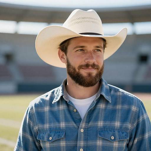 Bearded Cowboy in Sunlit Stadium Portrait
