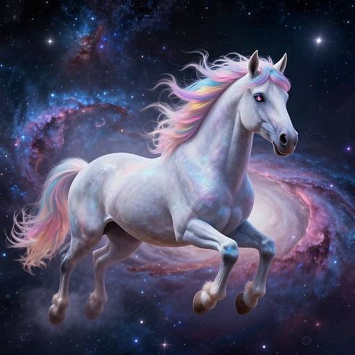 Digital art of a radiant white horse with a pink and blue mane, galloping through a swirling, colorful galaxy backdrop.