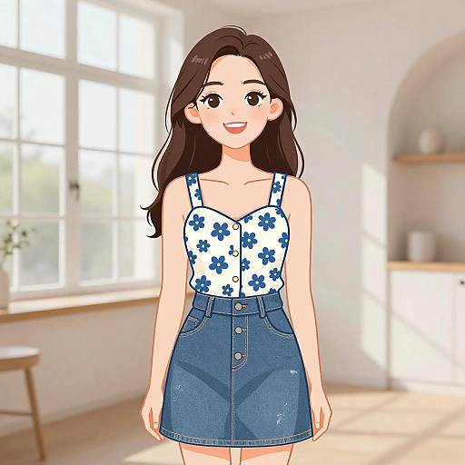 Digital anime-style drawing of a smiling young woman with long brown hair, wearing a white floral top and blue denim skirt, standing in a sunlit,