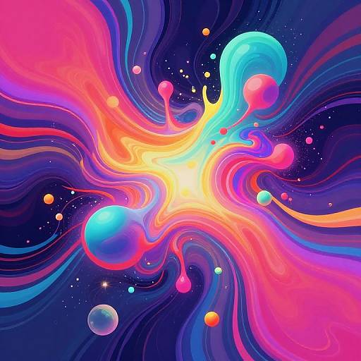 Vibrant digital abstract artwork of swirling neon pink, orange, and blue waves, with colorful floating orbs and stars in a dark cosmic background.