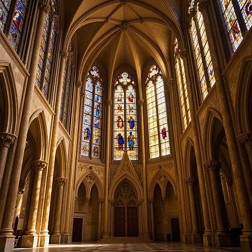 Photograph of a grand Gothic cathedral interior with intricate stained glass windows, tall arches, and warm, golden sunlight streaming in.