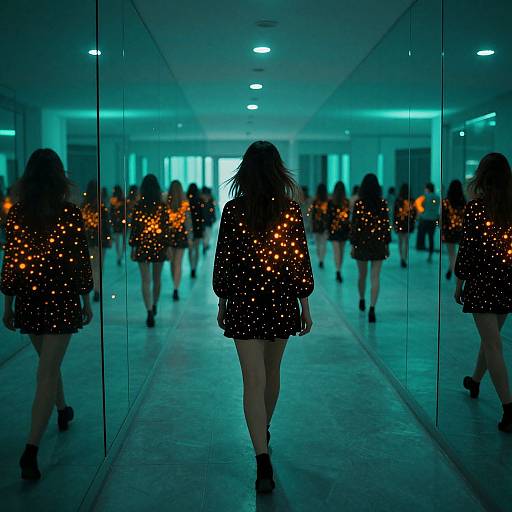 Photograph of a woman with long dark hair, wearing a black sparkly top and shorts, walking down a neon-lit mirrored hallway, surrounded by