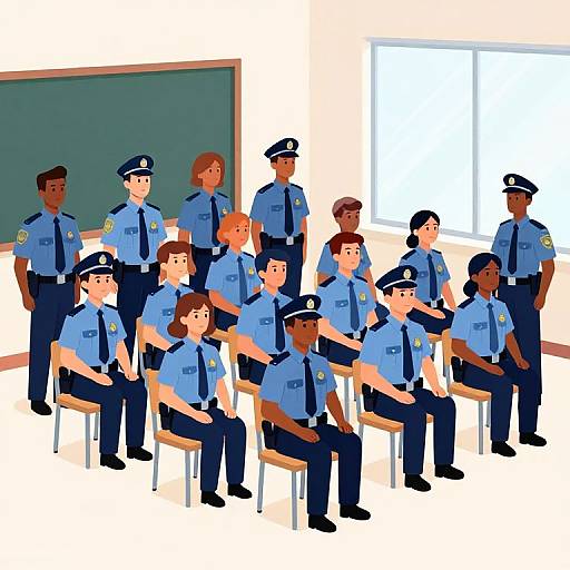 Digital illustration of diverse police officers, both male and female, in blue uniforms and hats, seated and standing in a bright classroom with a green chalkboard