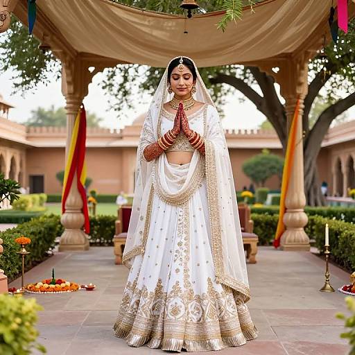 Photograph of a South Asian bride in a white embroidered lehenga and veil, standing under a decorated canopy, holding red prayer beads, in a lush