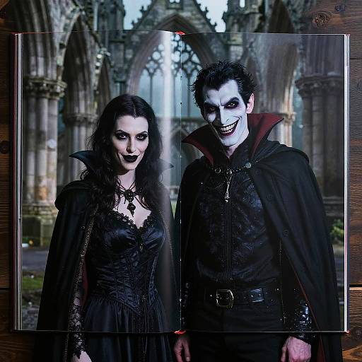 Photograph of a dark gothic couple with pale faces, black lipstick, and elaborate costumes standing in a gothic cathedral. Man has a sinister grin