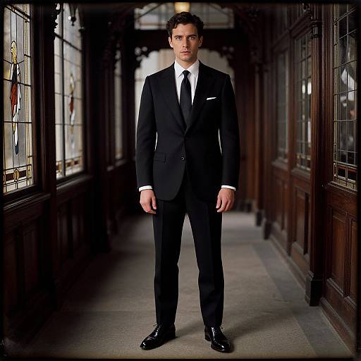 Photograph of a tall, handsome man in a black suit, white shirt, and black tie standing in a dimly lit, ornate hallway with