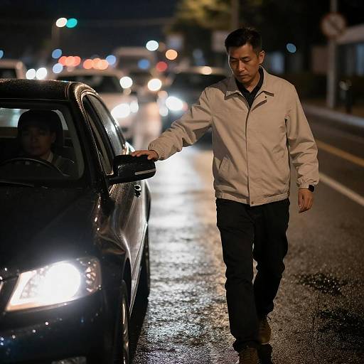 Nighttime Street Scene with Reflections