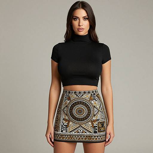 Photograph of a young woman with long dark hair, wearing a black turtleneck crop top and a gold-patterned, high-waisted mini