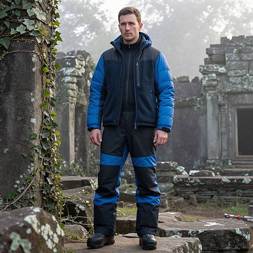 Photograph of a serious, muscular man with short brown hair, wearing a blue and black winter jacket and pants, standing in a misty, over
