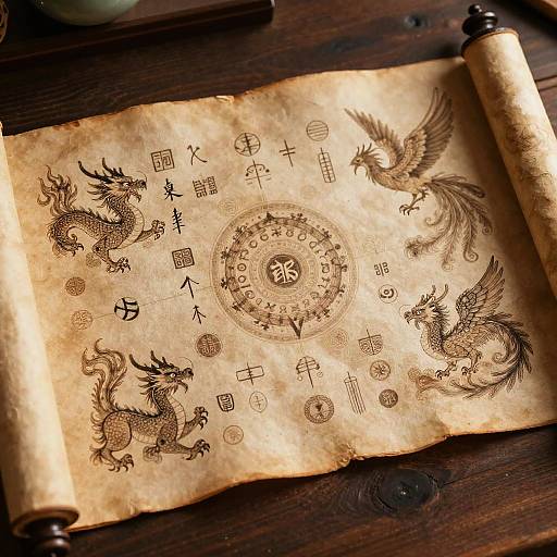 Ancient Dao Scroll with Mythical Creatures
