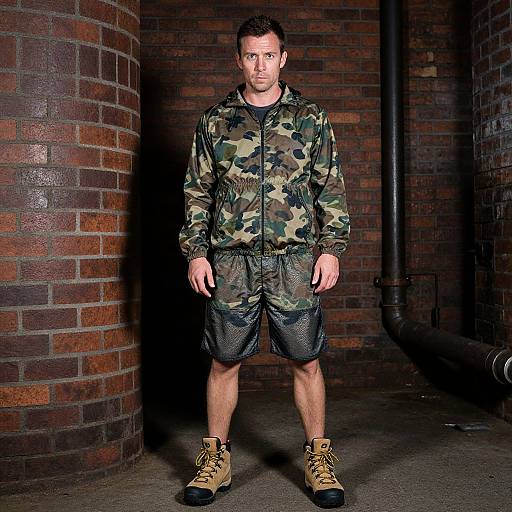 Photograph of a muscular man with short dark hair, wearing a camo jacket, black mesh shorts, and tan boots, standing in a dimly