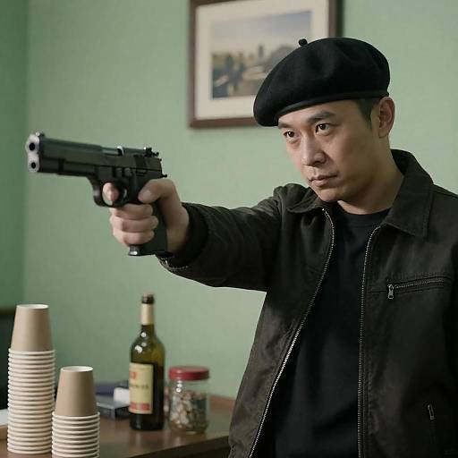 Intense Portrait of Asian Man with Weapon