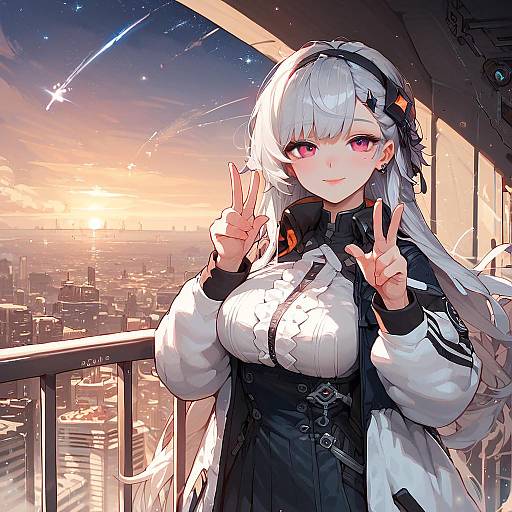 Sci-Fi Cityscape with Grey-Haired Girl