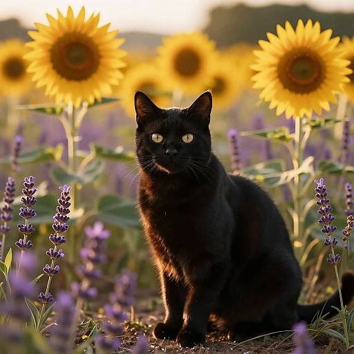 Photograph of a black cat with glowing yellow eyes sitting in a sunlit field of vibrant sunflowers and purple lavender.