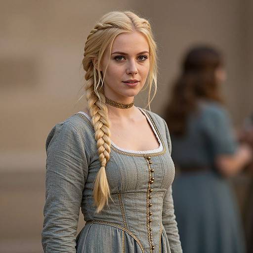 Photograph of a blonde woman with braided hair, wearing a gray medieval-style dress, gold chain choker, and subtle makeup, standing outdoors with