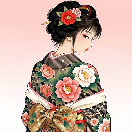 Digital anime-style drawing of a beautiful woman in a floral kimono with red, pink, and white flowers, black hair in an updo, golden