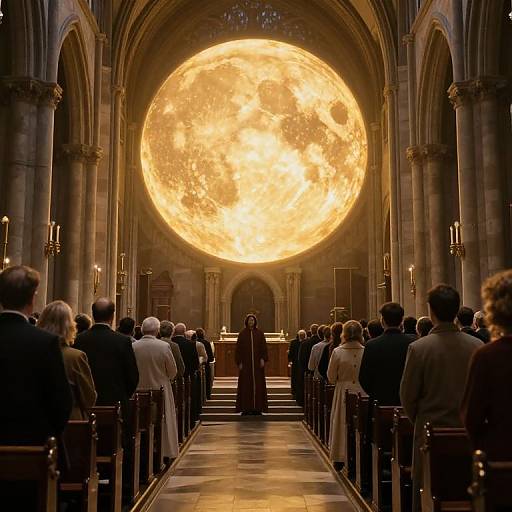 Photograph of a dimly lit church with a massive, glowing, orange full moon centered in the arch above the altar. Congregation in dark and