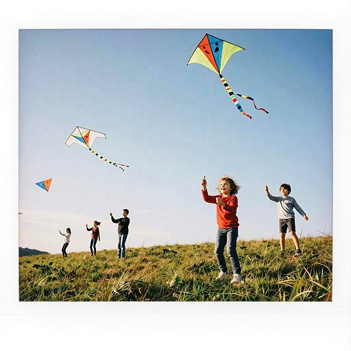 Kids Flying Kites on Windy Hilltop