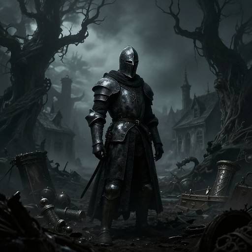 Digital art: Dark, gothic medieval knight in full, shiny steel armor stands in a misty, ruined forest with twisted trees and dilapidated
