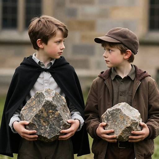 Boys in Cloaks with Rocks Outdoors