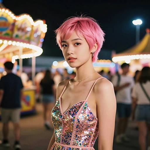 Young Woman with Pink Pixie Cut at Night Carnival