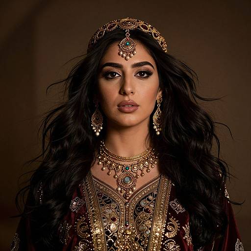 Photograph of a beautiful South Asian woman with long black hair, wearing ornate gold jewelry and traditional embroidered attire, against a dark brown background.