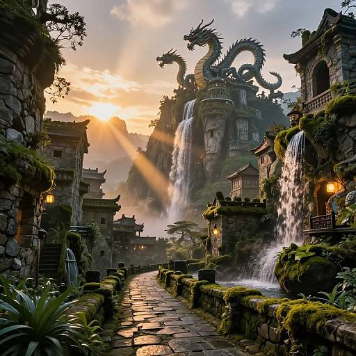 Fantasy Mountain City at Dusk