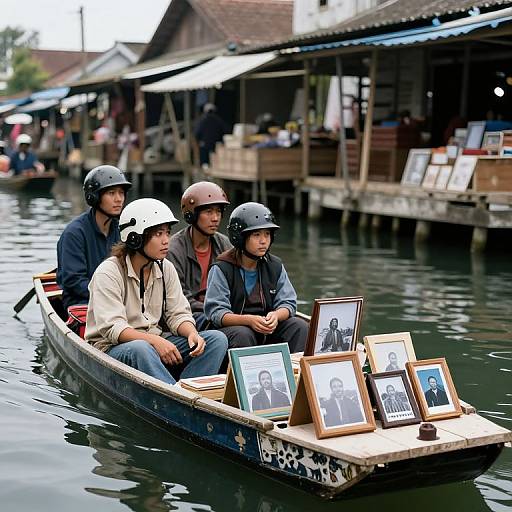 Photograph of four Asian individuals in a wooden boat selling framed black-and-white portraits on a calm river, with wooden shopfronts in the background.