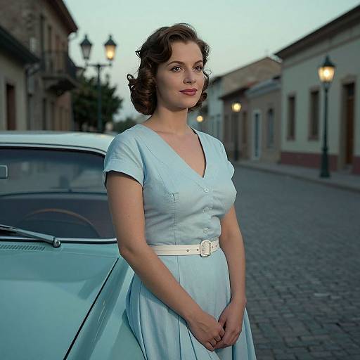 Photograph of a 1950s-style woman with curly brown hair, wearing a light blue dress and white belt, standing beside a vintage car on
