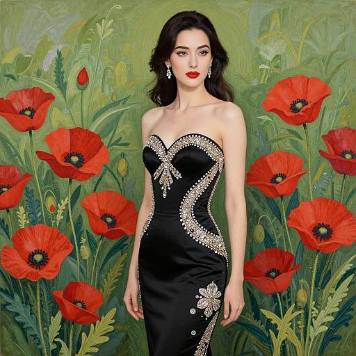Photorealistic painting of a fair-skinned woman with dark hair in a strapless black dress adorned with silver sequins, standing among vibrant red pop