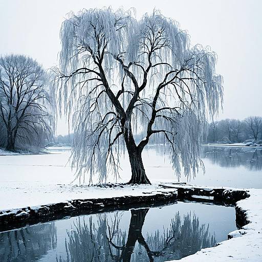 Lonely Willow Tree by Frozen Pond