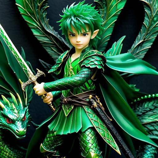 Emerald Dragon Boy with Sword in Dark Fantasy