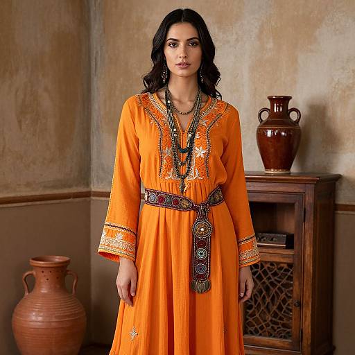 Photograph of a dark-haired woman in an orange traditional Punjabi kameez with intricate embroidery, standing in a rustic room with clay pots and wooden