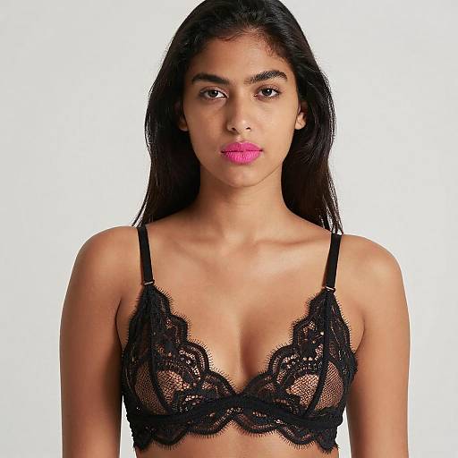 Photograph of a young woman with long black hair, brown eyes, and pink lipstick, wearing a black lace bralette against a plain white background.