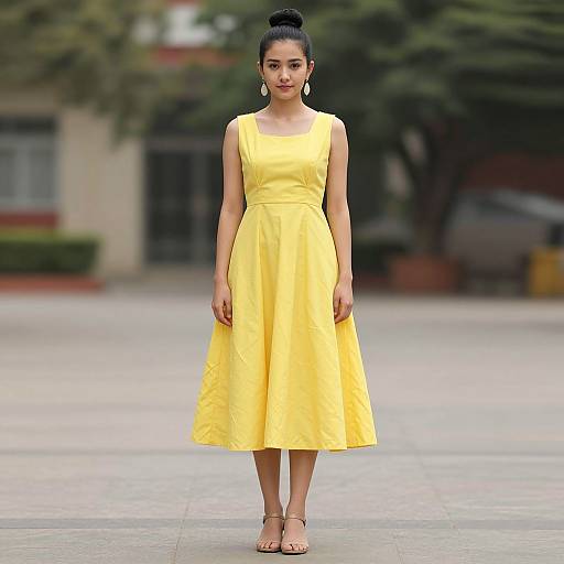 Photograph of an Asian woman with dark hair in a bun, wearing a sleeveless, knee-length yellow dress and dangling earrings, standing on a paved