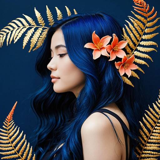 Profile of Woman with Midnight Blue Hair and Floral Accents