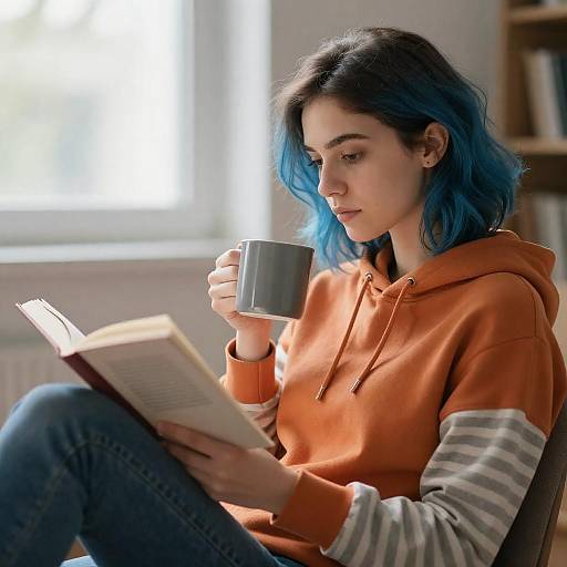 Blue-Haired Woman Reading in Orange Hoodie