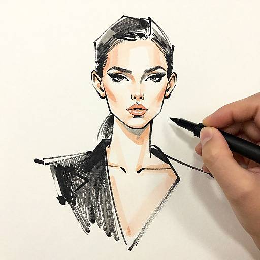 Digital sketch of a confident woman with dark hair in a ponytail, wearing a black jacket, being drawn with a black pen.