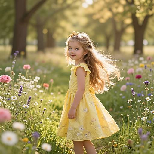 Photograph of a young blonde girl in a yellow floral dress standing in a sunlit meadow of colorful wildflowers and tall grass.